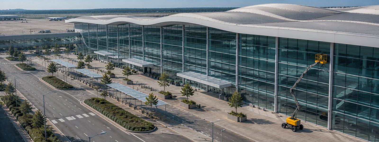 Plataforma elevatória da frota GIGA RENTAL em trabalho de aeroporto e hangares