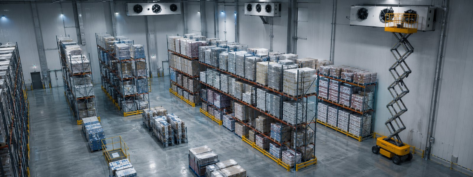 Plataforma elevatória da frota GIGA RENTAL em trabalho de laticínios