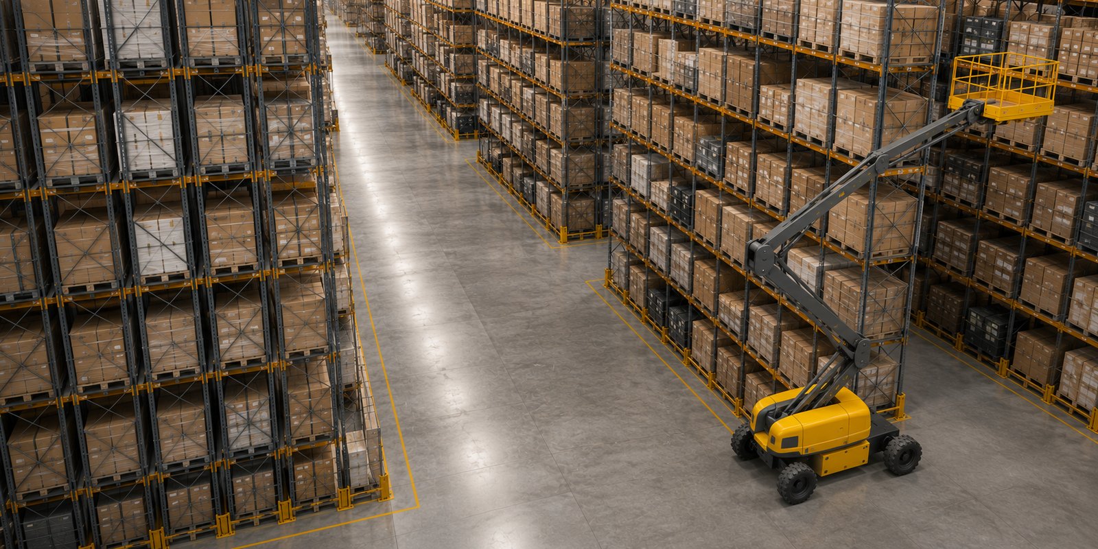 Plataforma elevatória da frota GIGA RENTAL em trabalho de logística