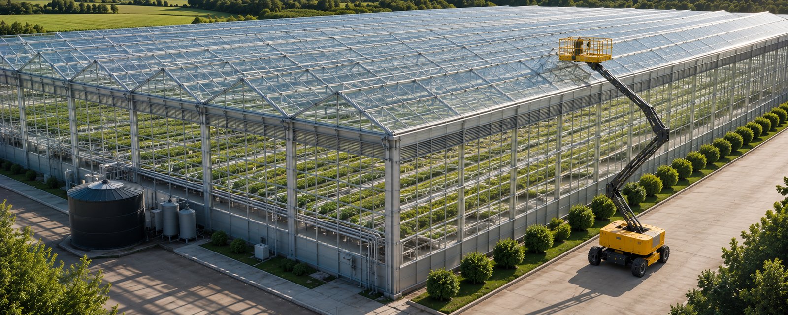 Plataforma elevatória da frota GIGA RENTAL em trabalho de agroindústria