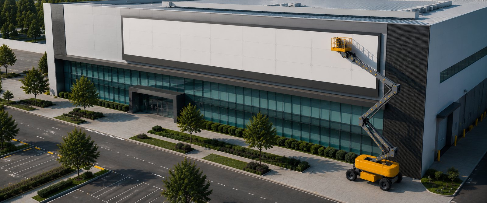 Plataforma elevatória da frota GIGA RENTAL em trabalho de edifícios corporativos